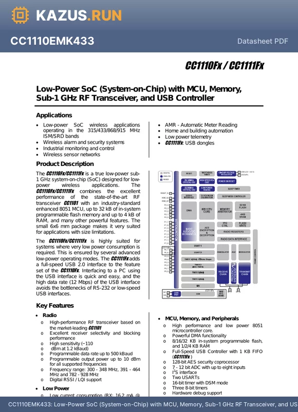 CC1110F8RSP datasheet - Low-Power SoC (System-on-Chip) with MCU, Memory, Sub-1 GHz RF Transceiver, and USB Controller