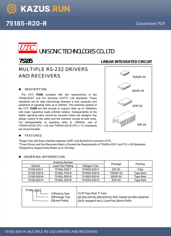 75185G-R20-R datasheet - MULTIPLE RS-232 DRIVERS AND RECEIVERS