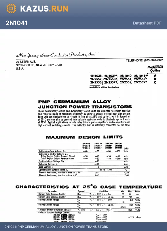 2N1040 datasheet - PNP GERMANIUM ALLOY JUNCTION POWER TRANSISTORS