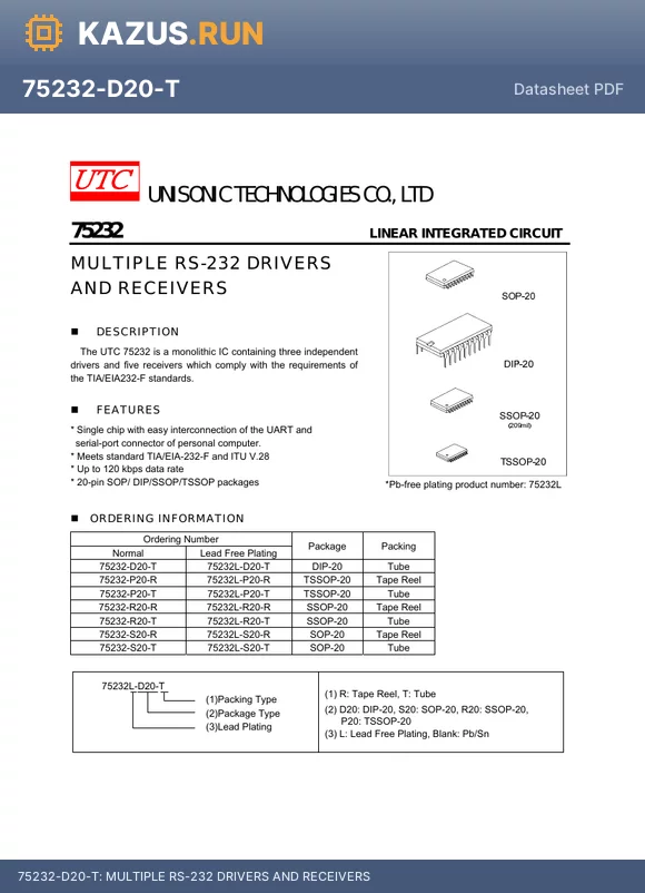 75232L-R20-R datasheet - MULTIPLE RS-232 DRIVERS AND RECEIVERS