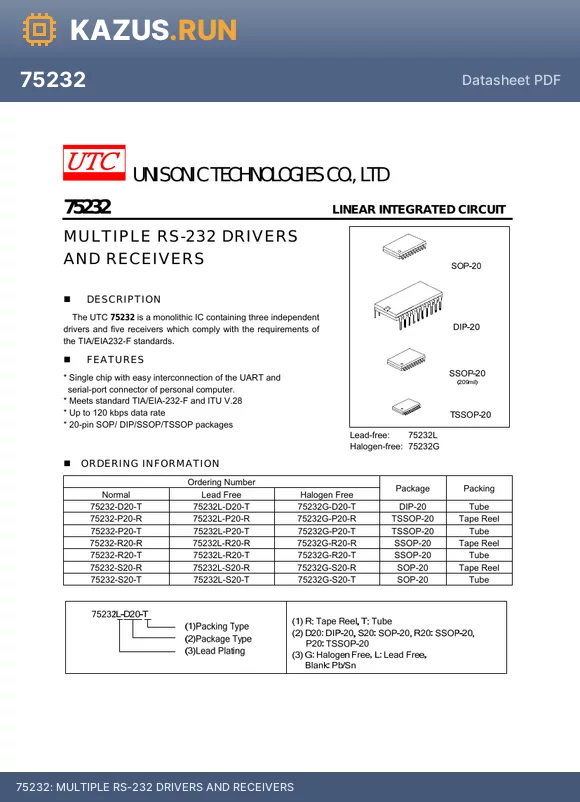 75232L-R20-R datasheet - MULTIPLE RS-232 DRIVERS AND RECEIVERS