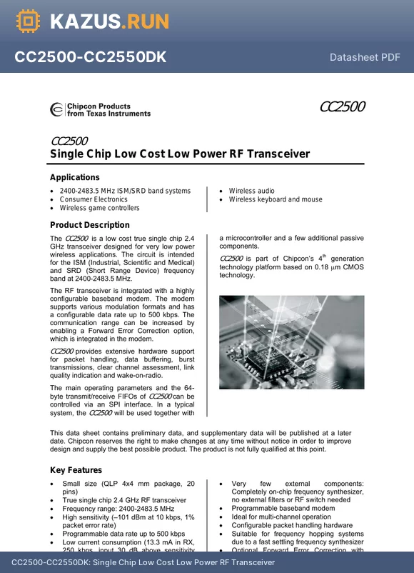 CC2500-RTY1 datasheet - Single Chip Low Cost Low Power RF Transceiver