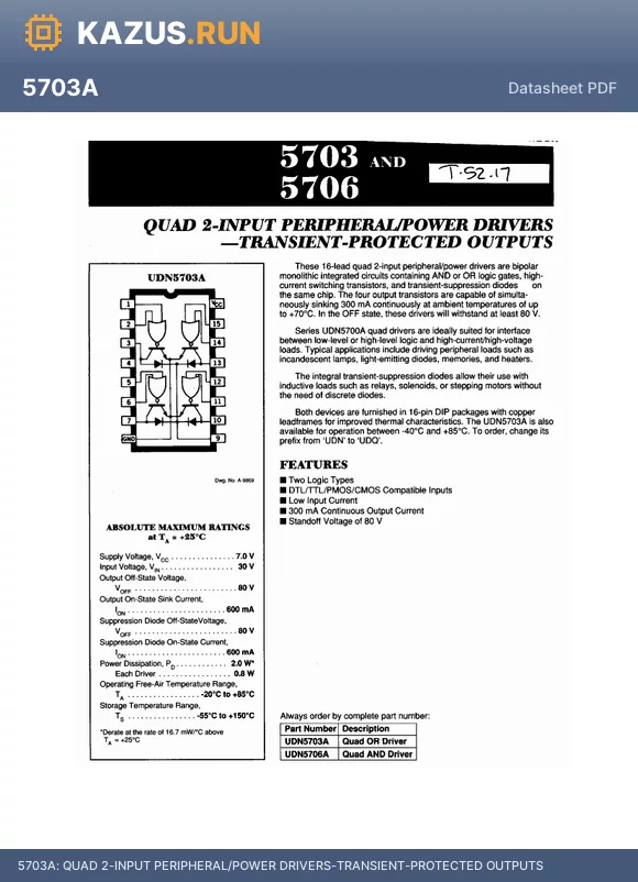 5706 datasheet - QUAD 2-INPUT PERIPHERAL/POWER DRIVERS-TRANSIENT-PROTECTED OUTPUTS