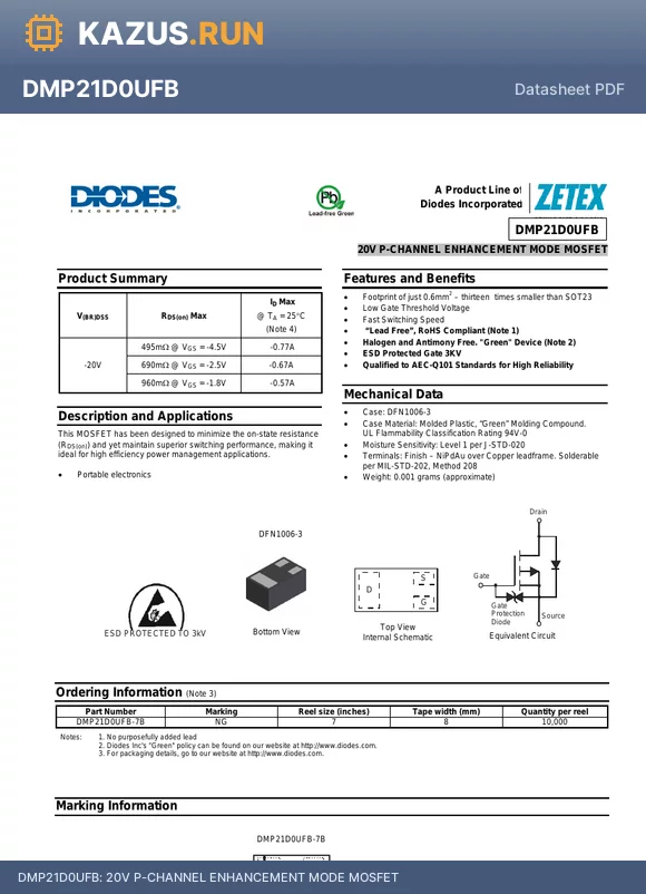 DMP21D0UFB-7B datasheet - 20V P-CHANNEL ENHANCEMENT MODE MOSFET
