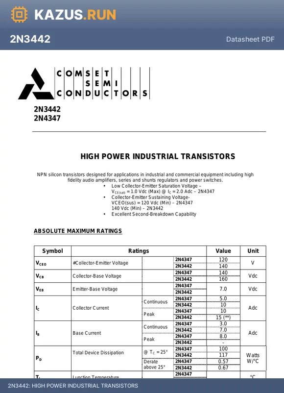 2N3442 datasheet - HIGH POWER INDUSTRIAL TRANSISTORS