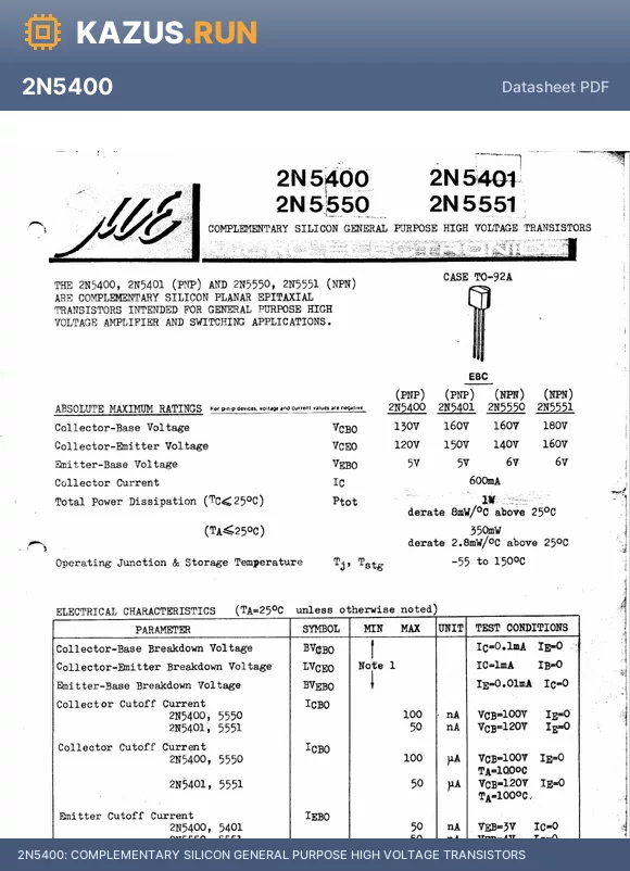 2N5551 datasheet - COMPLEMENTARY SILICON GENERAL PURPOSE HIGH VOLTAGE TRANSISTORS
