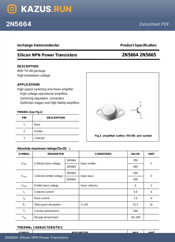 2N5664 datasheet - Silicon NPN Power Transistors