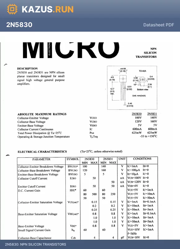 2N5831 datasheet - NPN SILICON TRANSISTORS