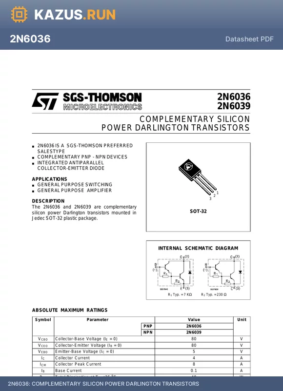 2N6036 datasheet - COMPLEMENTARY SILICON POWER DARLINGTON TRANSISTORS