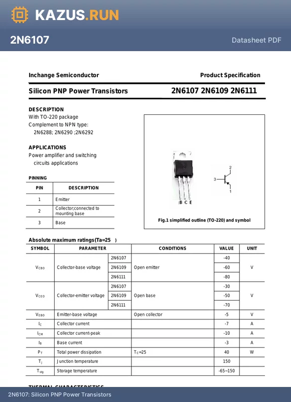 2N6111 datasheet - Silicon PNP Power Transistors