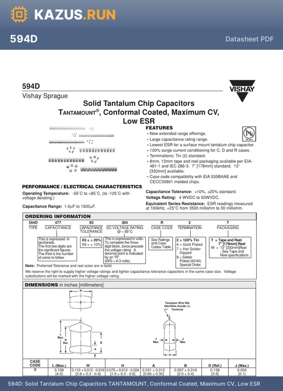 594D107X-004B2T datasheet - Solid Tantalum Chip Capacitors TANTAMOUNT, Conformal Coated, Maximum CV, Low ESR
