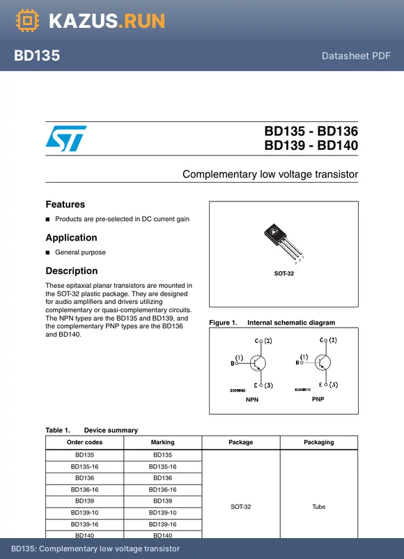 BD136 datasheet - Complementary low voltage transistor