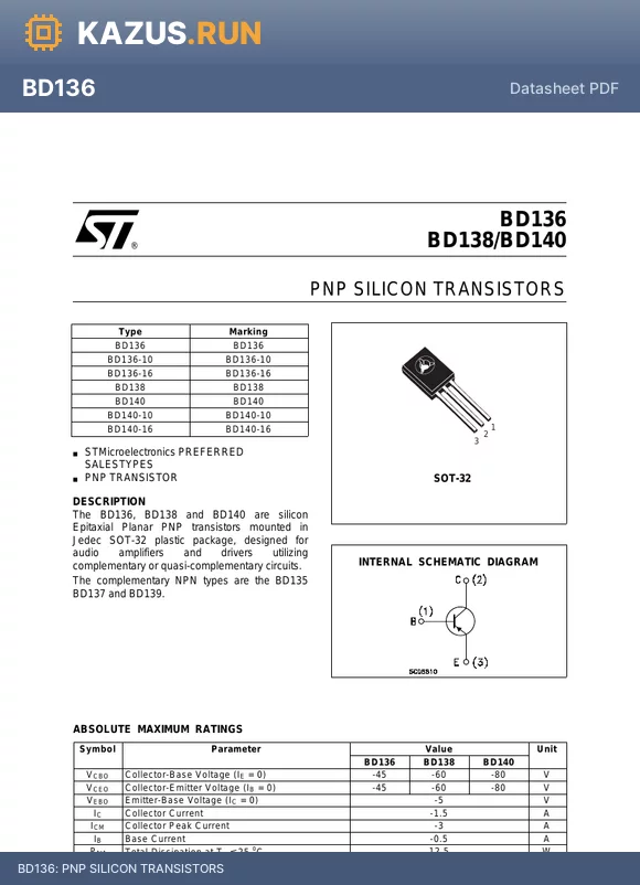 BD136-16 datasheet - PNP SILICON TRANSISTORS