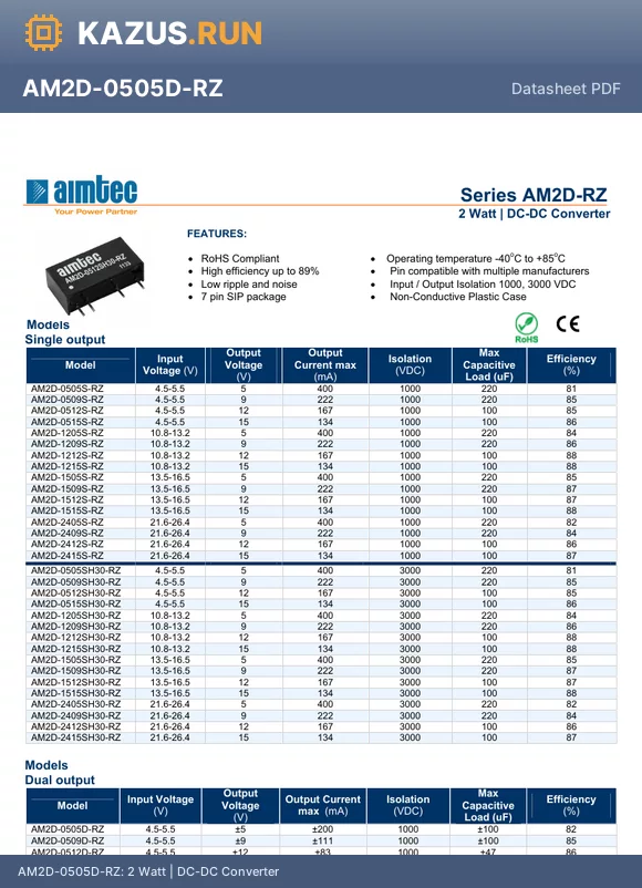 AM2D-1509S-RZ datasheet - 2 Watt | DC-DC Converter