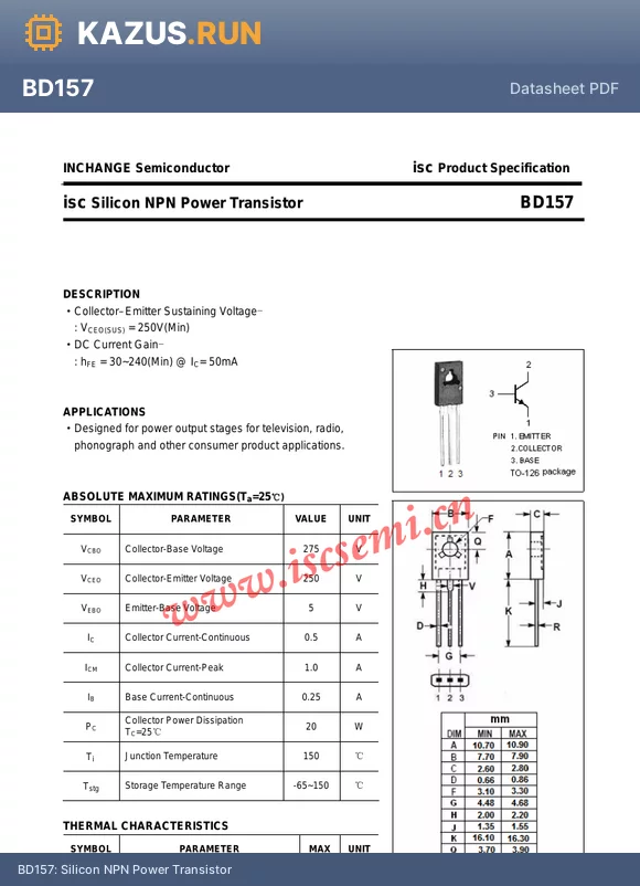 BD157 datasheet - Silicon NPN Power Transistor