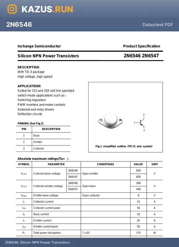 2N6547 datasheet - Silicon NPN Power Transistors