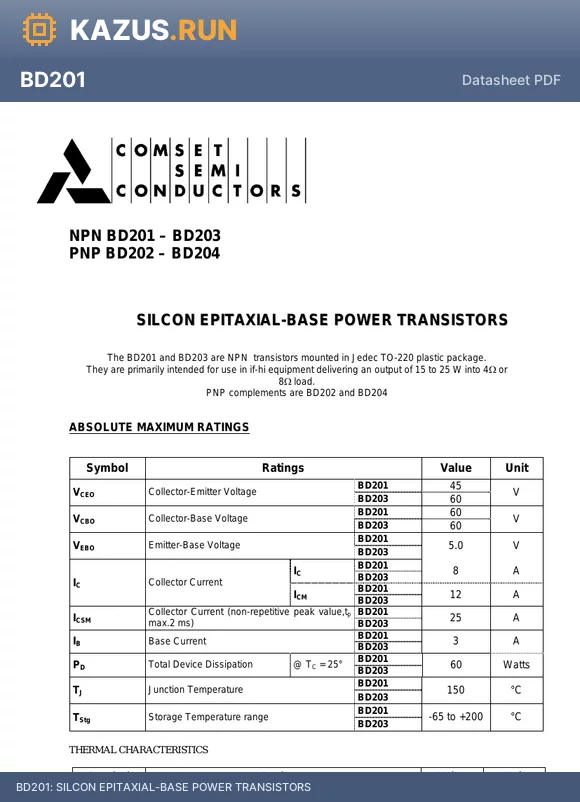 BD201 datasheet - SILCON EPITAXIAL-BASE POWER TRANSISTORS