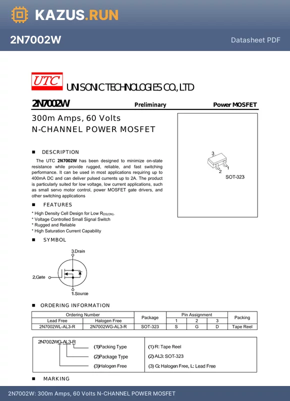 2N7002WG-AL3-R datasheet - 300m Amps, 60 Volts N-CHANNEL POWER MOSFET
