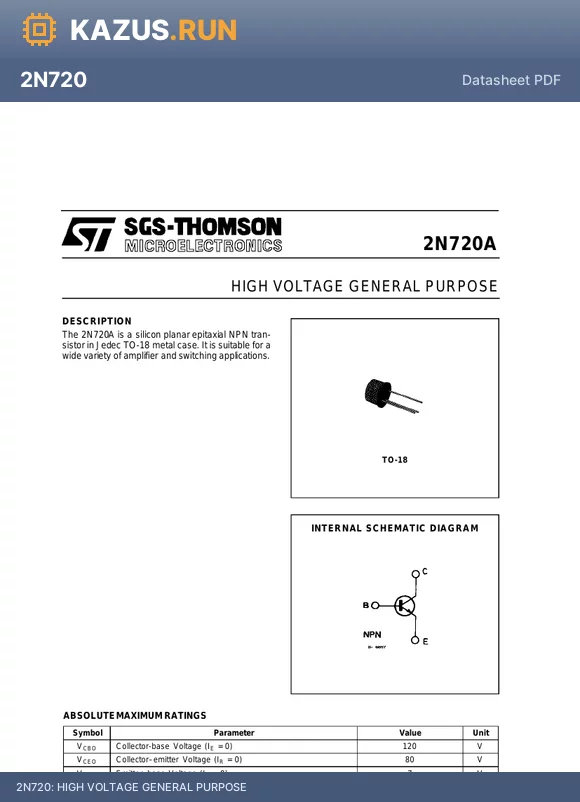 2N720 datasheet - HIGH VOLTAGE GENERAL PURPOSE