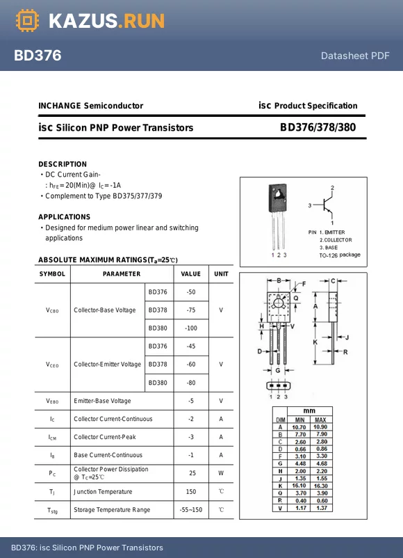 BD376 datasheet - isc Silicon PNP Power Transistors