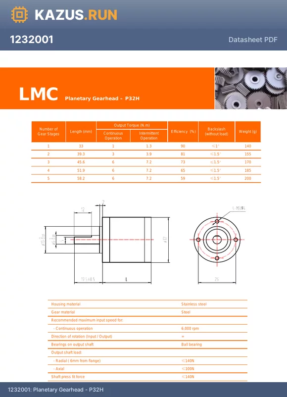 1232069 datasheet - Planetary Gearhead - P32H