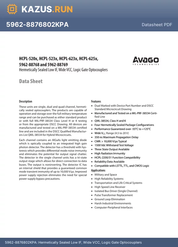5962-8876802KYC datasheet - Hermetically Sealed Low IF, Wide VCC, Logic Gate Optocouplers