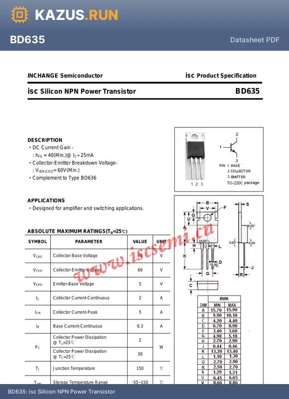 BD635 datasheet - isc Silicon NPN Power Transistor