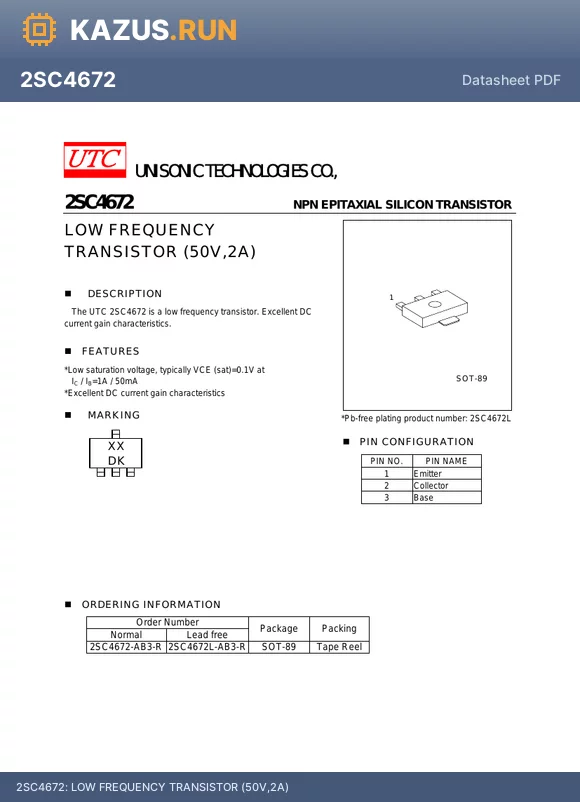 2SC4672L-AB3-R datasheet - LOW FREQUENCY TRANSISTOR (50V,2A)