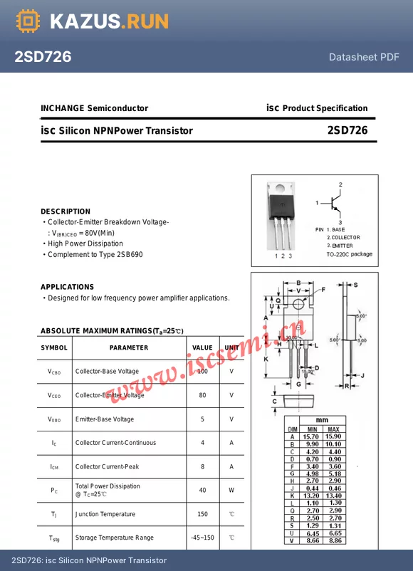 2SD726 datasheet - isc Silicon NPNPower Transistor
