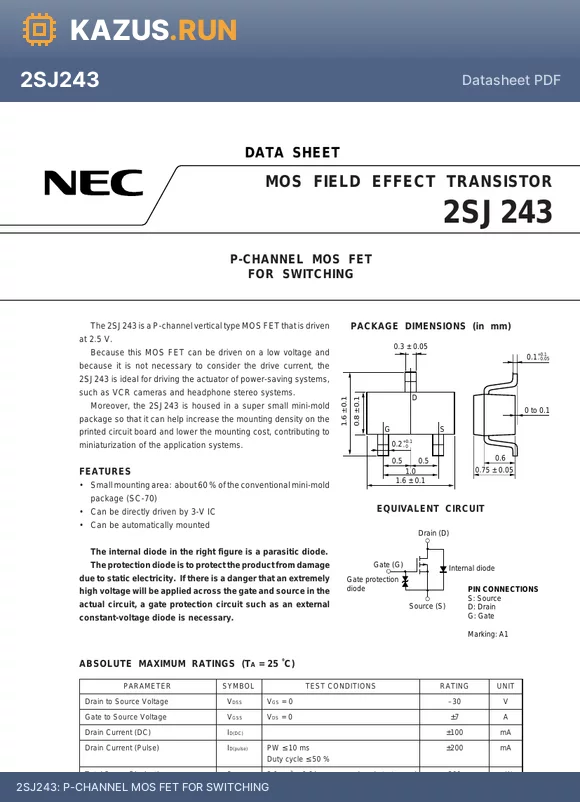 2SJ243 datasheet - P-CHANNEL MOS FET FOR SWITCHING
