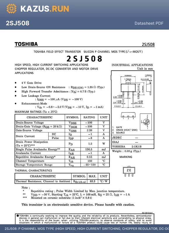 2SJ508 datasheet - P CHANNEL MOS TYPE (HIGH SPEED, HIGH CURRENT SWITCHING, CHOPPER REGULATOR, DC-DC CONVERTER AND MOTOR DRIVE APPLICATIONS)