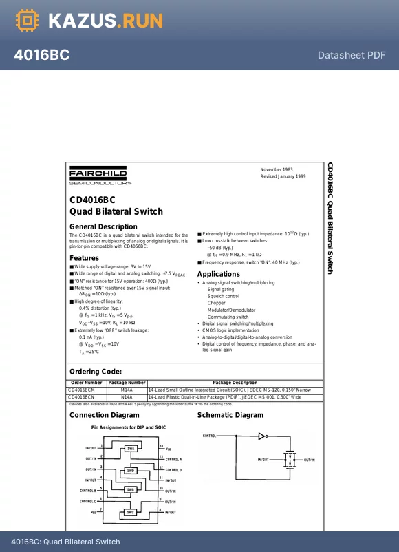 CD4016 datasheet - Quad Bilateral Switch