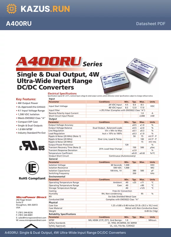 A412RU datasheet - Single & Dual Output, 4W Ultra-Wide Input Range DC/DC Converters