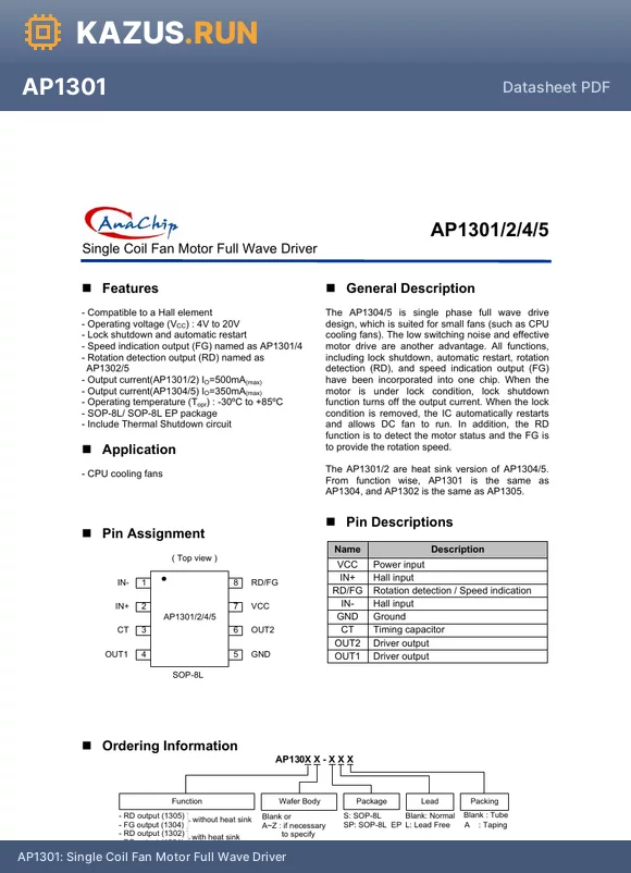 AP1305-SPA datasheet - Single Coil Fan Motor Full Wave Driver
