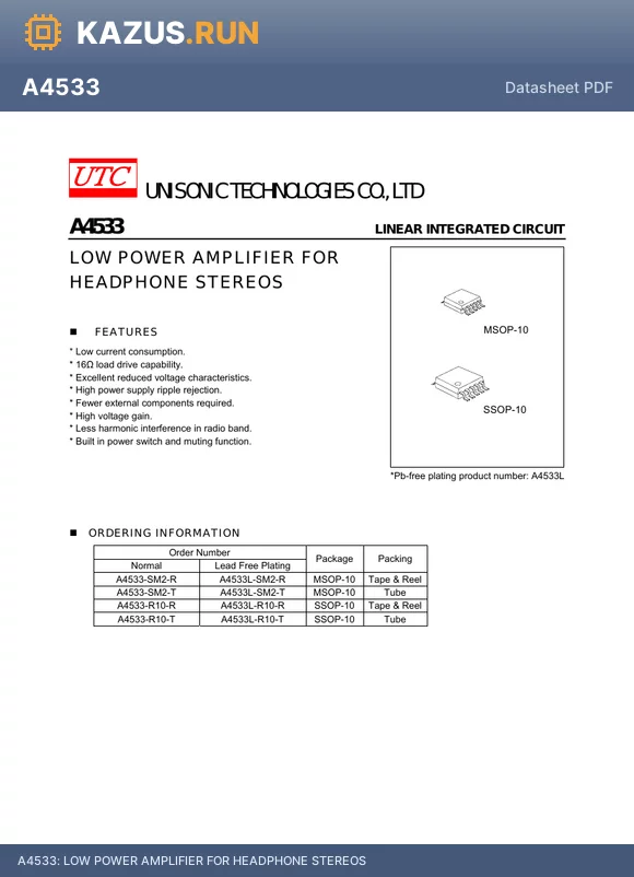 A4533L-R10-R datasheet - LOW POWER AMPLIFIER FOR HEADPHONE STEREOS