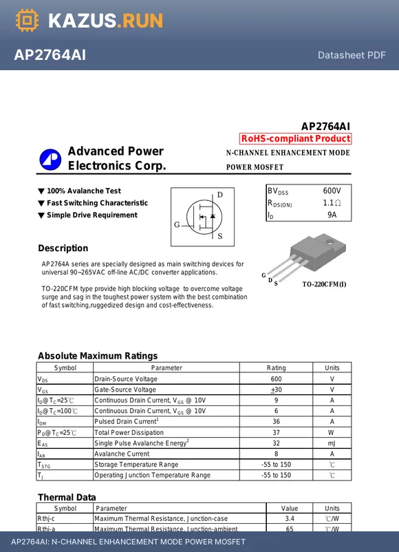 AP2764AI datasheet - N-CHANNEL ENHANCEMENT MODE POWER MOSFET