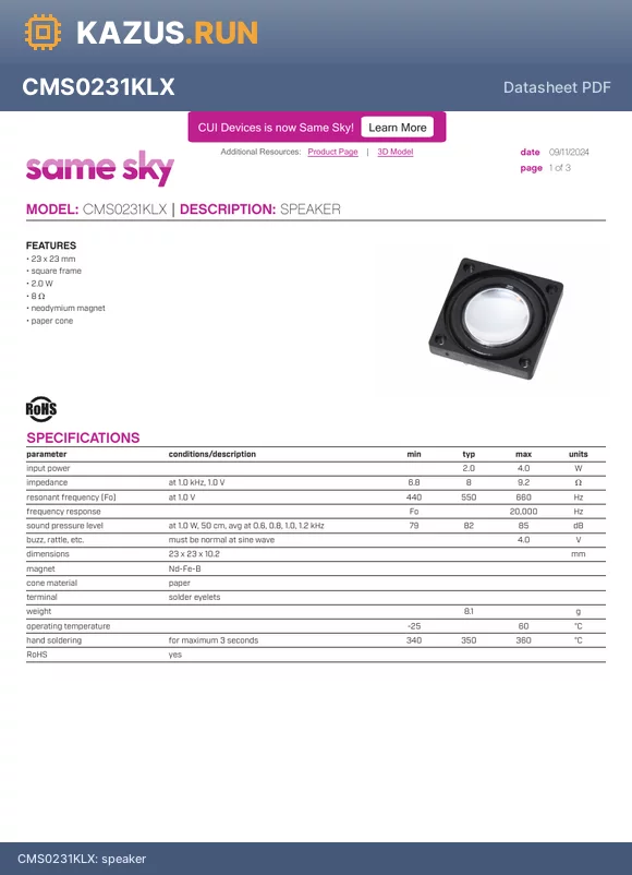 CMS0231KLX datasheet - speaker