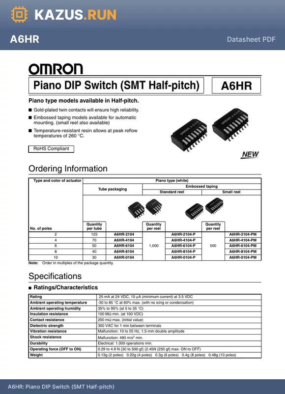 A6HR-0104-P datasheet - Piano DIP Switch (SMT Half-pitch)