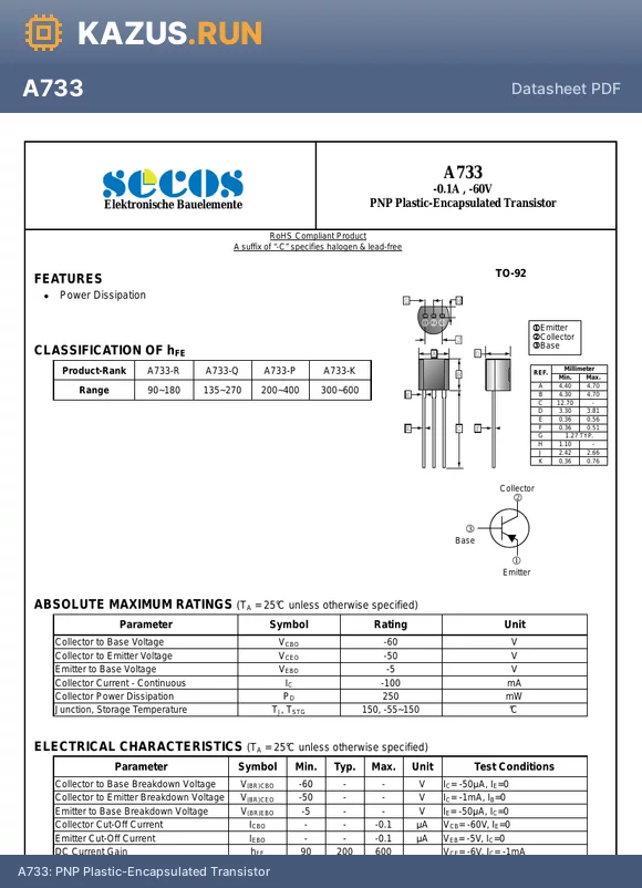 A733 datasheet - PNP Plastic-Encapsulated Transistor