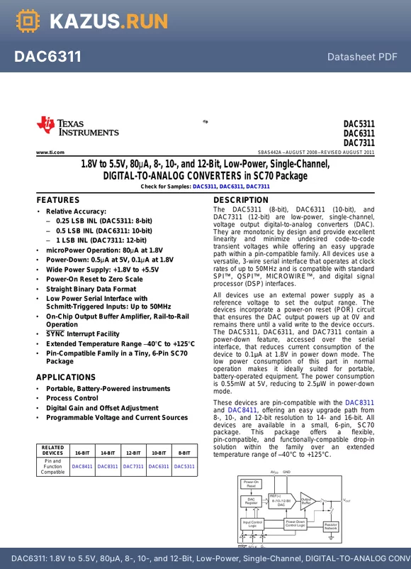 DAC7311IDCKT datasheet - 1.8V to 5.5V, 80lA, 8-, 10-, and 12-Bit, Low-Power, Single-Channel, DIGITAL-TO-ANALOG CONVERTERS in SC70 Package