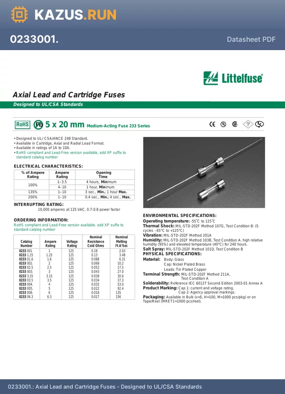 233003. datasheet - Axial Lead and Cartridge Fuses - Designed to UL/CSA Standards