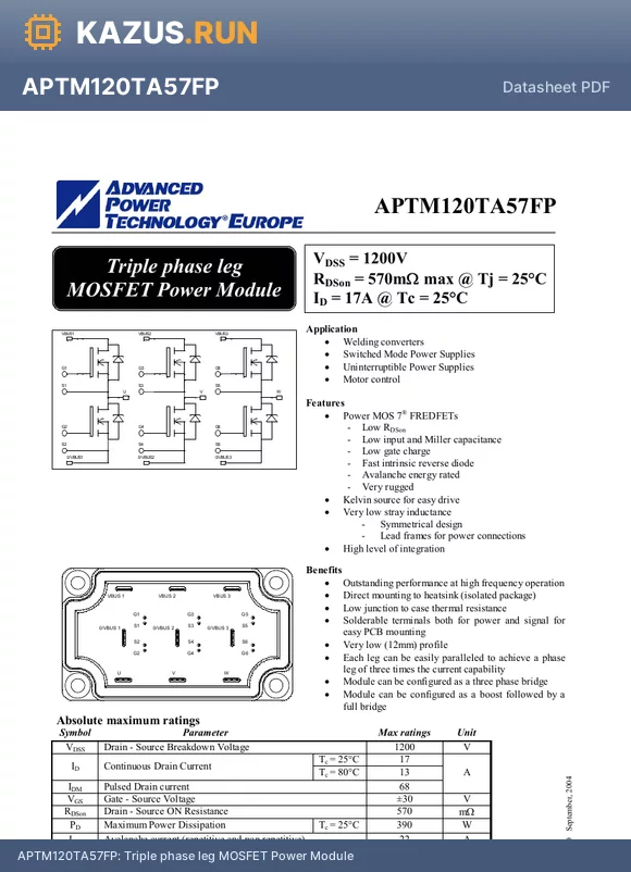 APTM120TA57FP datasheet - Triple phase leg MOSFET Power Module