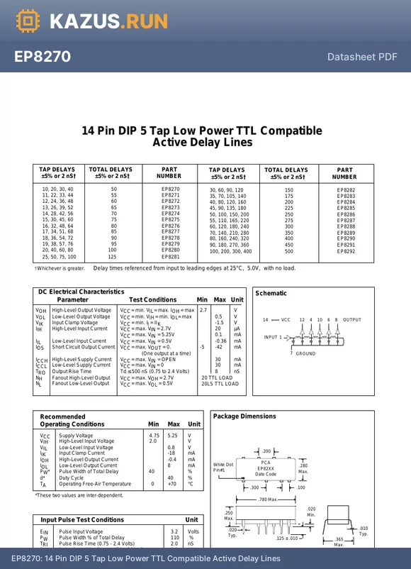 EP8278 datasheet - 14 Pin DIP 5 Tap Low Power TTL Compatible Active Delay Lines
