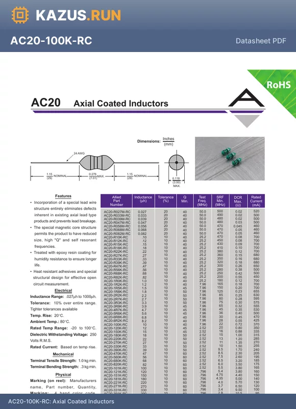 AC20-R27K-RC datasheet - Axial Coated Inductors