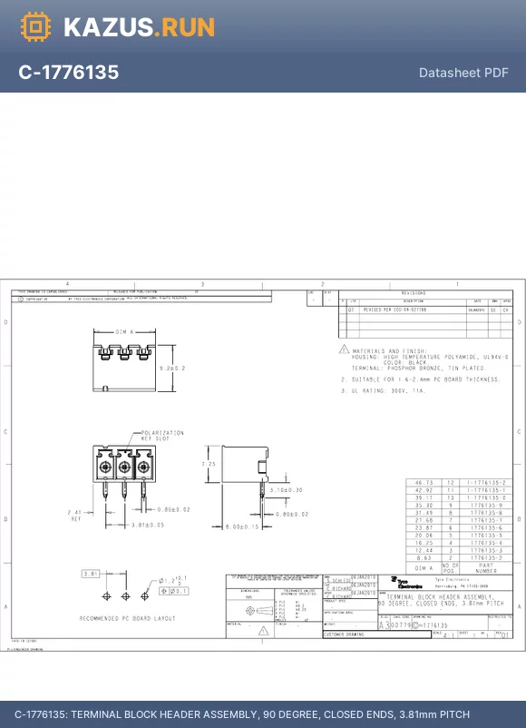 1776135-5 datasheet - TERMINAL BLOCK HEADER ASSEMBLY, 90 DEGREE, CLOSED ENDS, 3.81mm PITCH