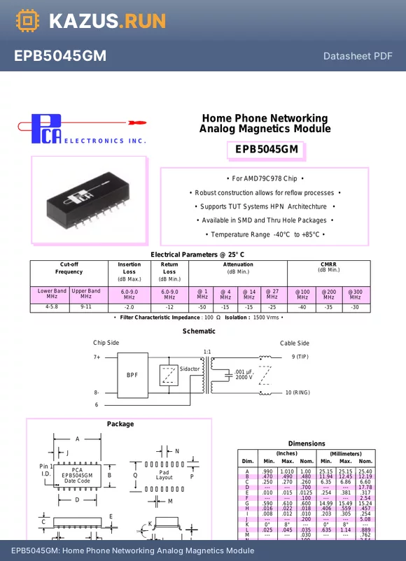 EPB5045GM datasheet - Home Phone Networking Analog Magnetics Module