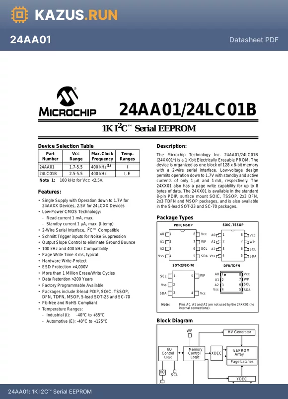 24LC01B-I/LT datasheet - 1K I2C Serial EEPROM