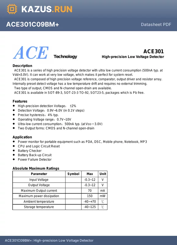ACE301N19BN+ datasheet - High-precision Low Voltage Detector