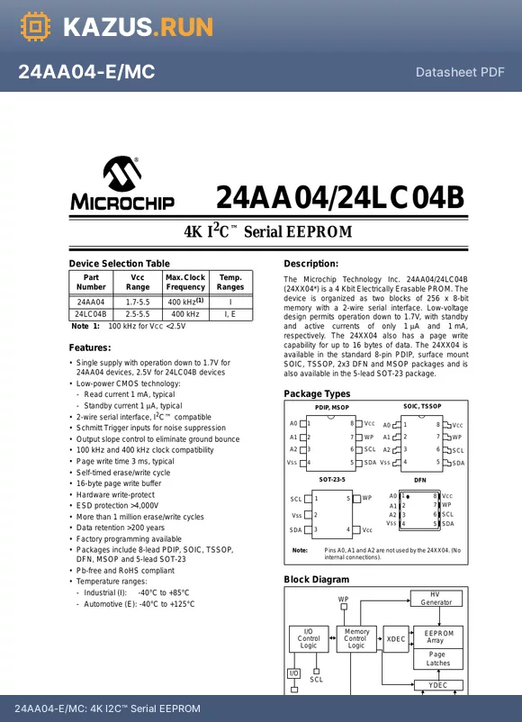 24LC04B datasheet - 4K I2C Serial EEPROM