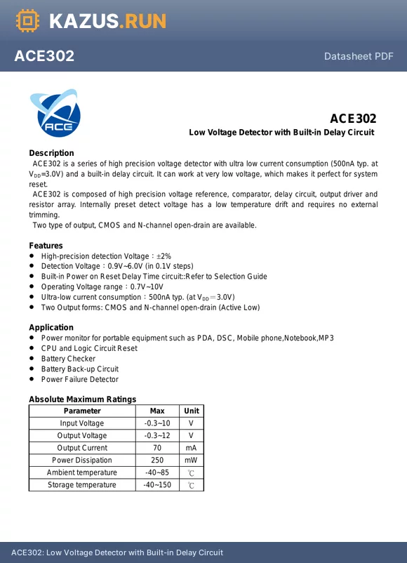 ACE302X420XXX+ datasheet - Low Voltage Detector with Built-in Delay Circuit